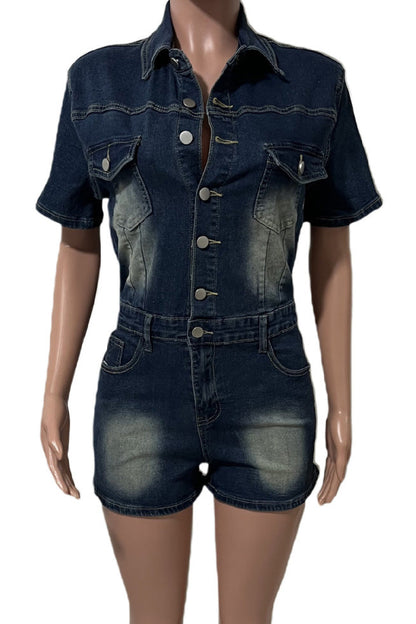 Short Sleeve Slim Fit Stretch Denim Romper Lavish Daily