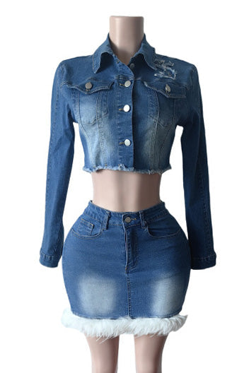 Denim Chic Feather-Trim Set Lavish Daily