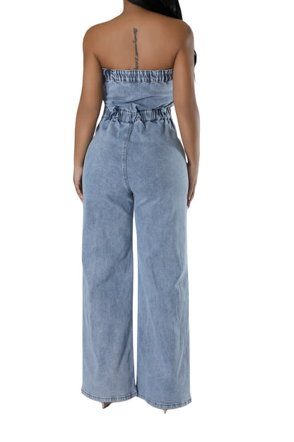 Denim Button Strapless Jumpsuit Lavish Daily