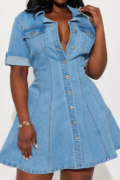 Wash Denim Mini Dress Short Sleeve Button Up Lavish Daily