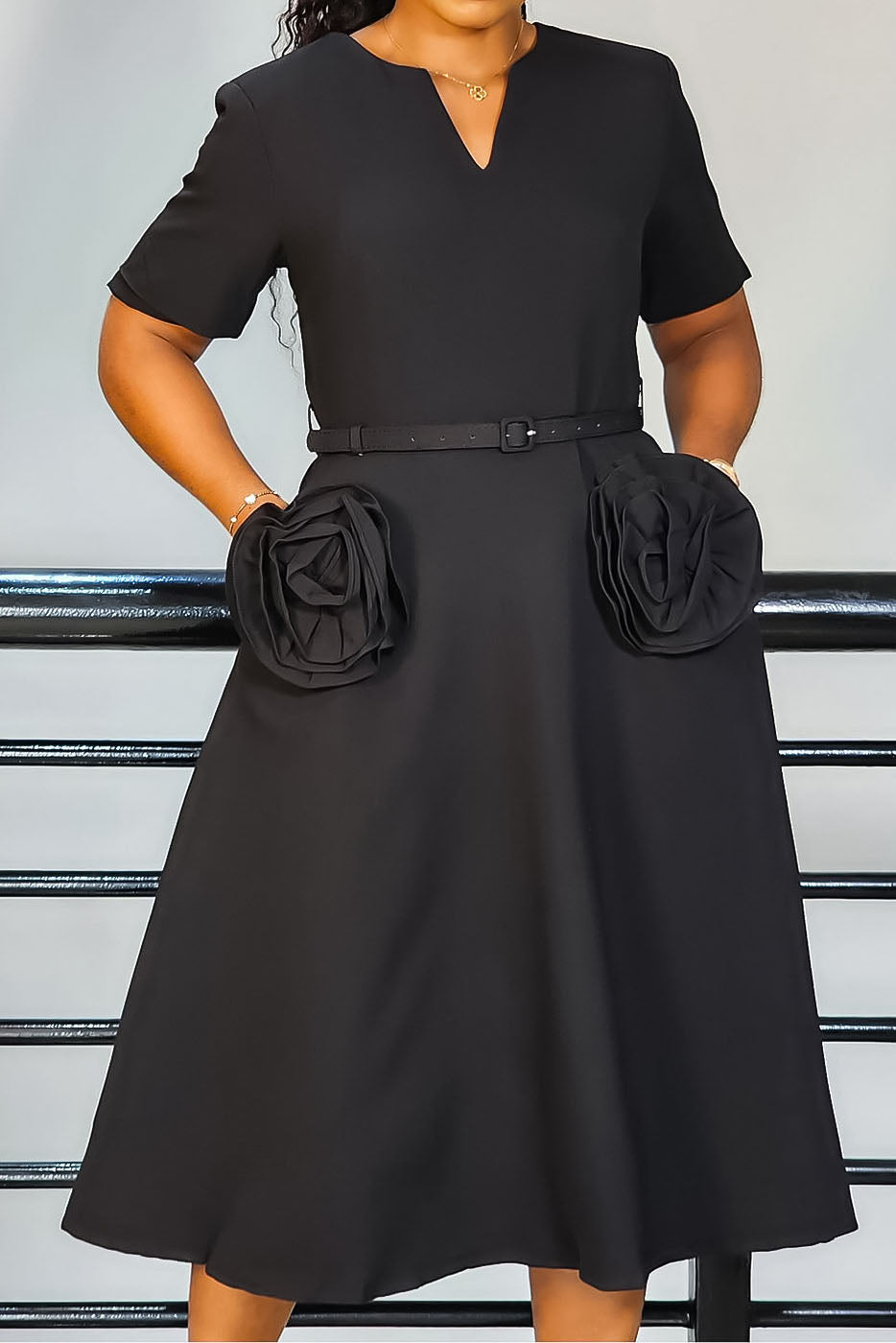 V-Neck Short Sleeve with 3D Floral A-Line Dress Lavish Daily