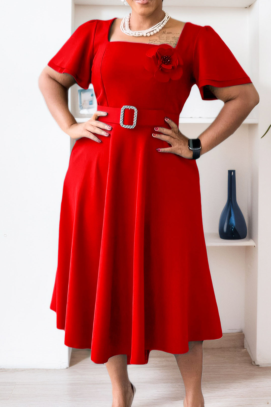 Square Neck High Waist Flared Maxi Dress Lavish Daily