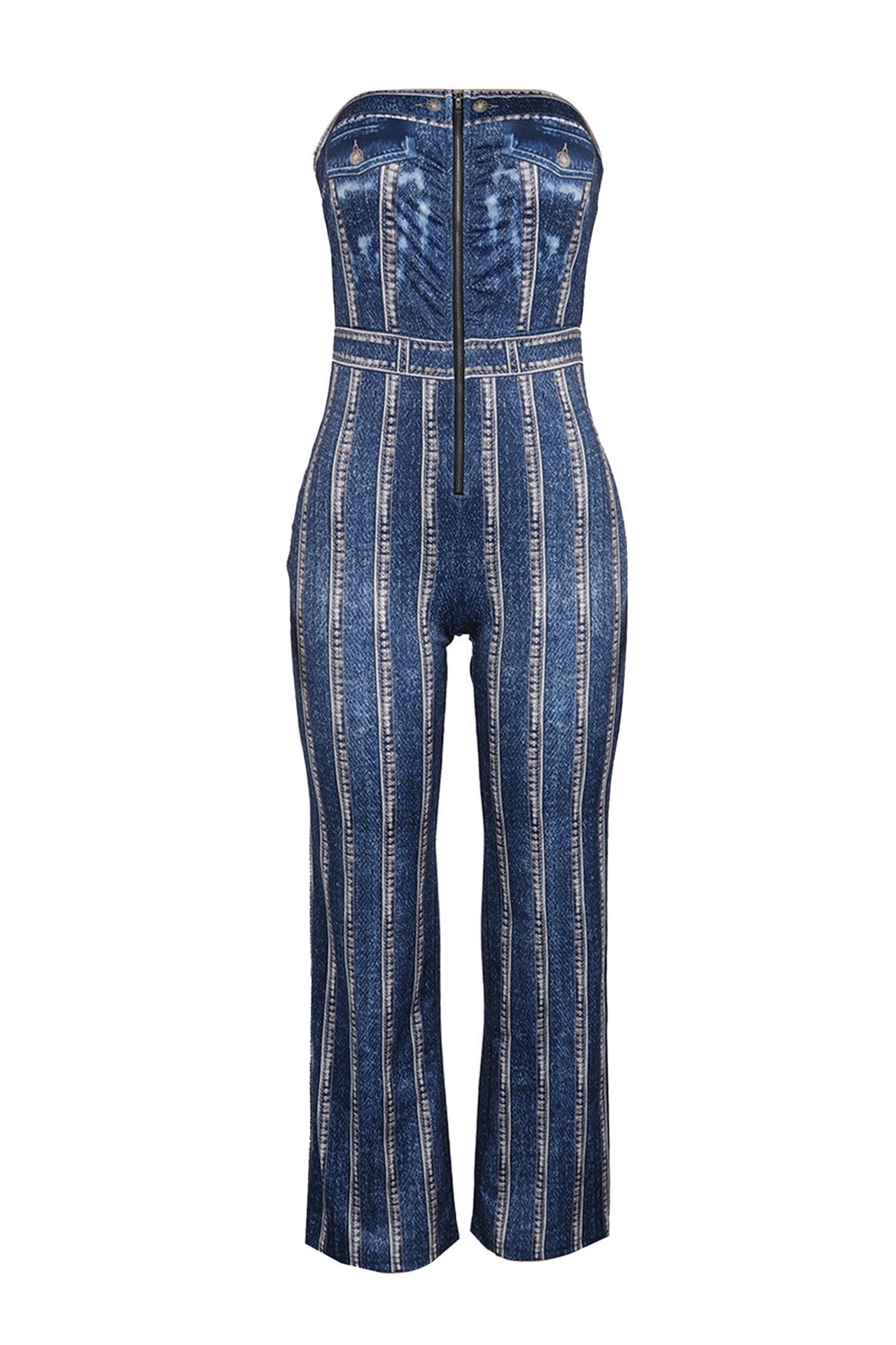 Denim Print Strapless Wide Leg Jumpsuit Lavish Daily