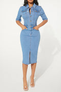 Stretch Buttoned Denim Bodycon Midi Dress Lavish Daily