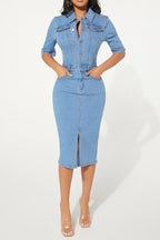 Stretch Buttoned Denim Bodycon Midi Dress Lavish Daily