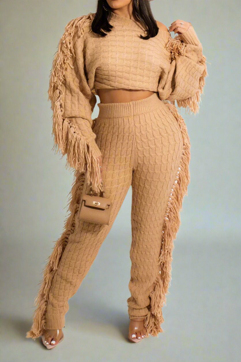 Knit Fringe Pants Set Lavish Daily