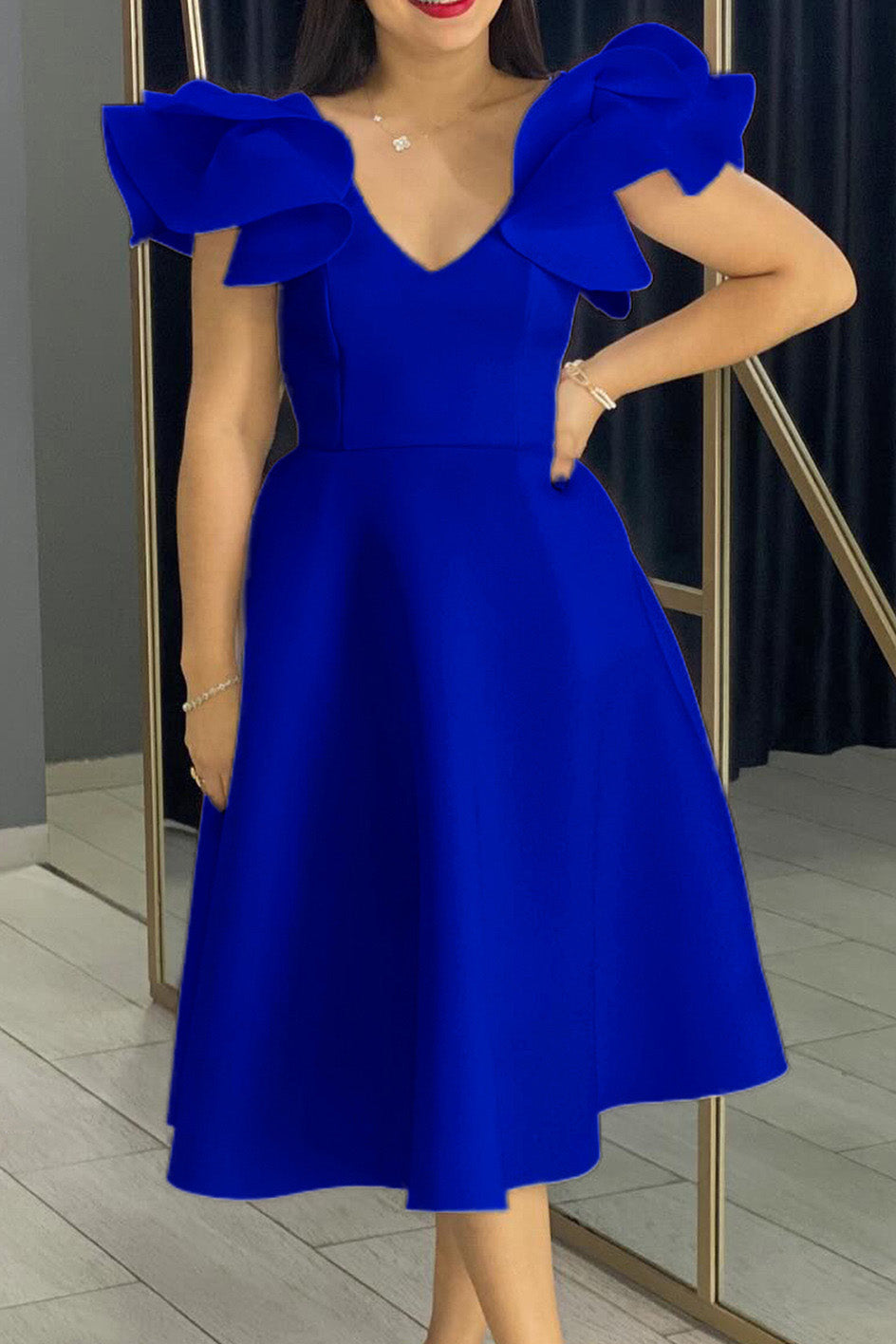 Flounce Sleeve High Waist A-Line Dress Lavish Daily