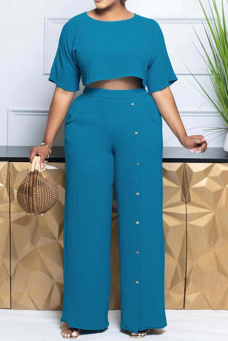 Solid Top & Button Pants Set Lavish Daily