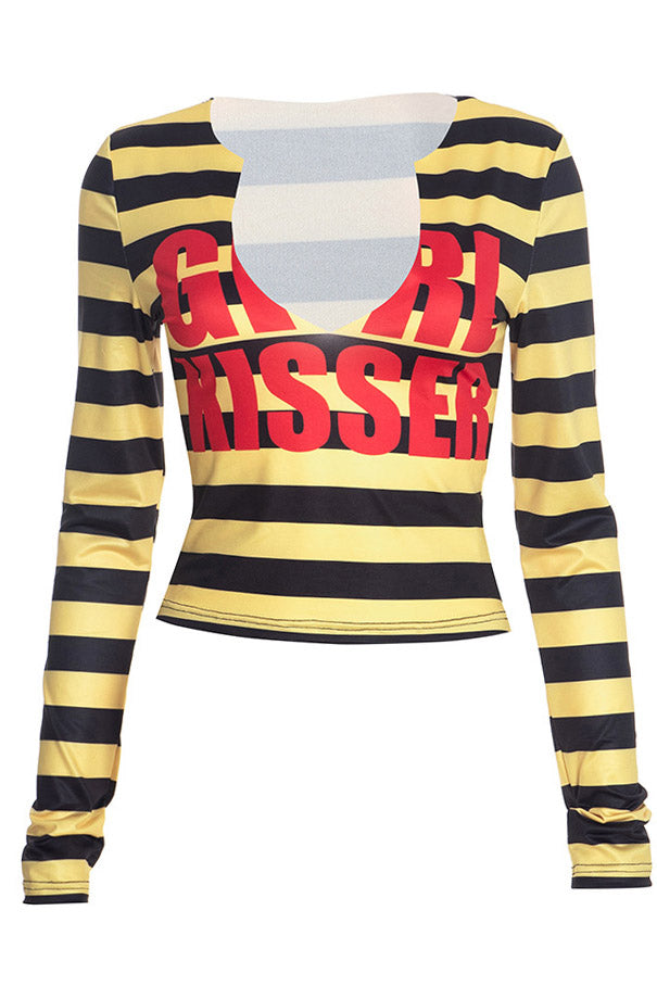 Striped Graphic V-Neck Long-Sleeve Crop Top Lavish Daily