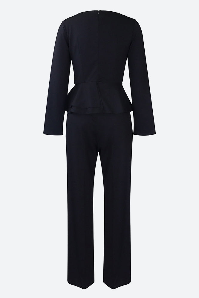 Solid Flounce V Neck Long Sleeve Sets Lavish Daily