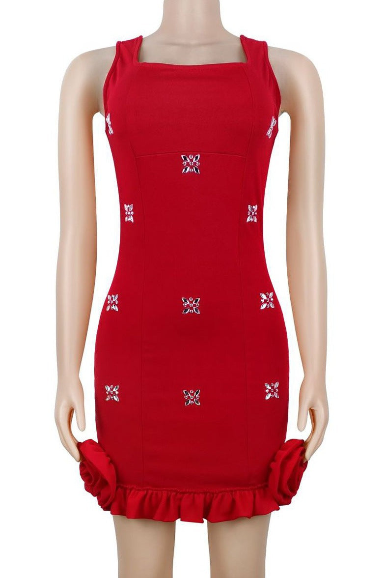 Rhinestone 3D Rosette Hem Mini Dress Lavish Daily