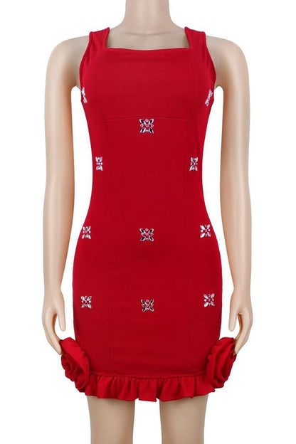 Rhinestone 3D Rosette Hem Mini Dress Lavish Daily
