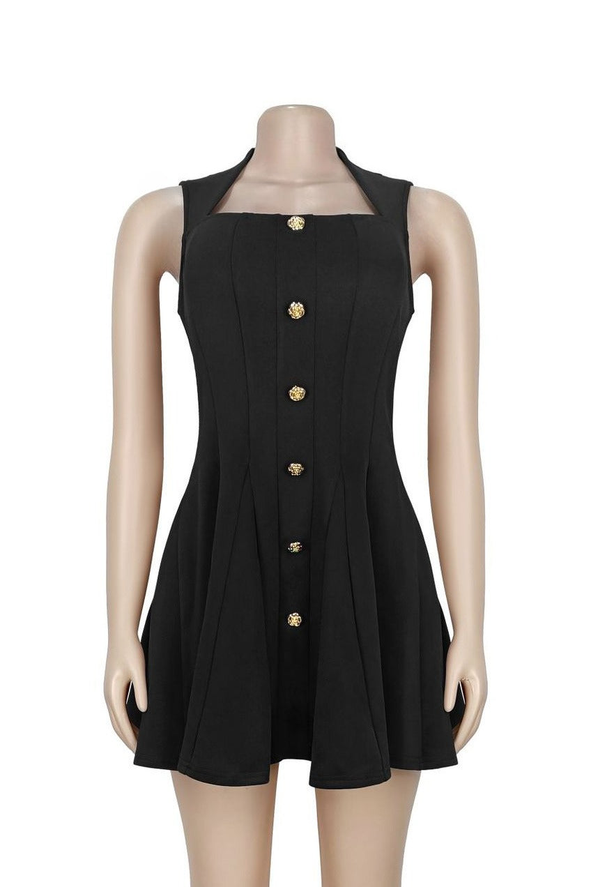 Square Neck Button Front Pleated Mini Dress Lavish Daily