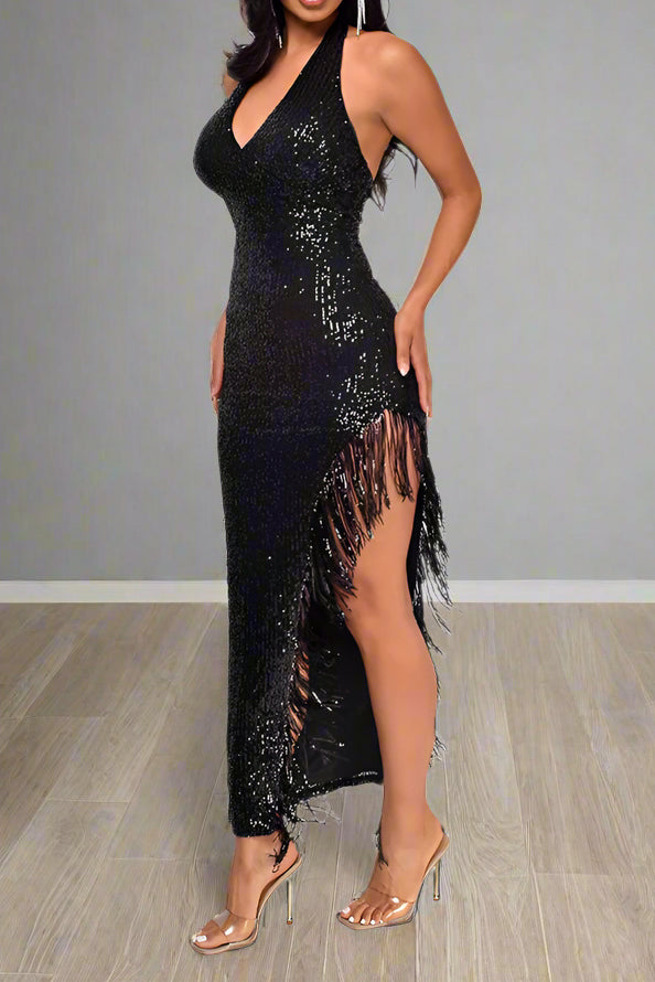 Halter Tassel Fringe Sequin Maxi Dress Lavish Daily