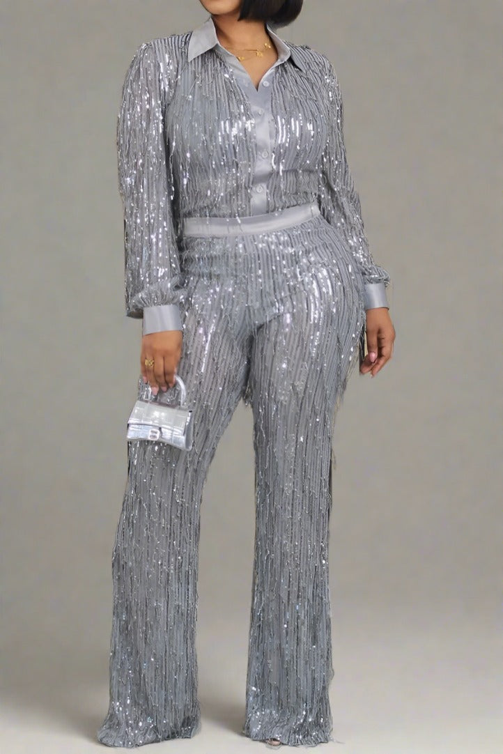 Sequin Shirt & Bell Bottom Pants Set Lavish Daily