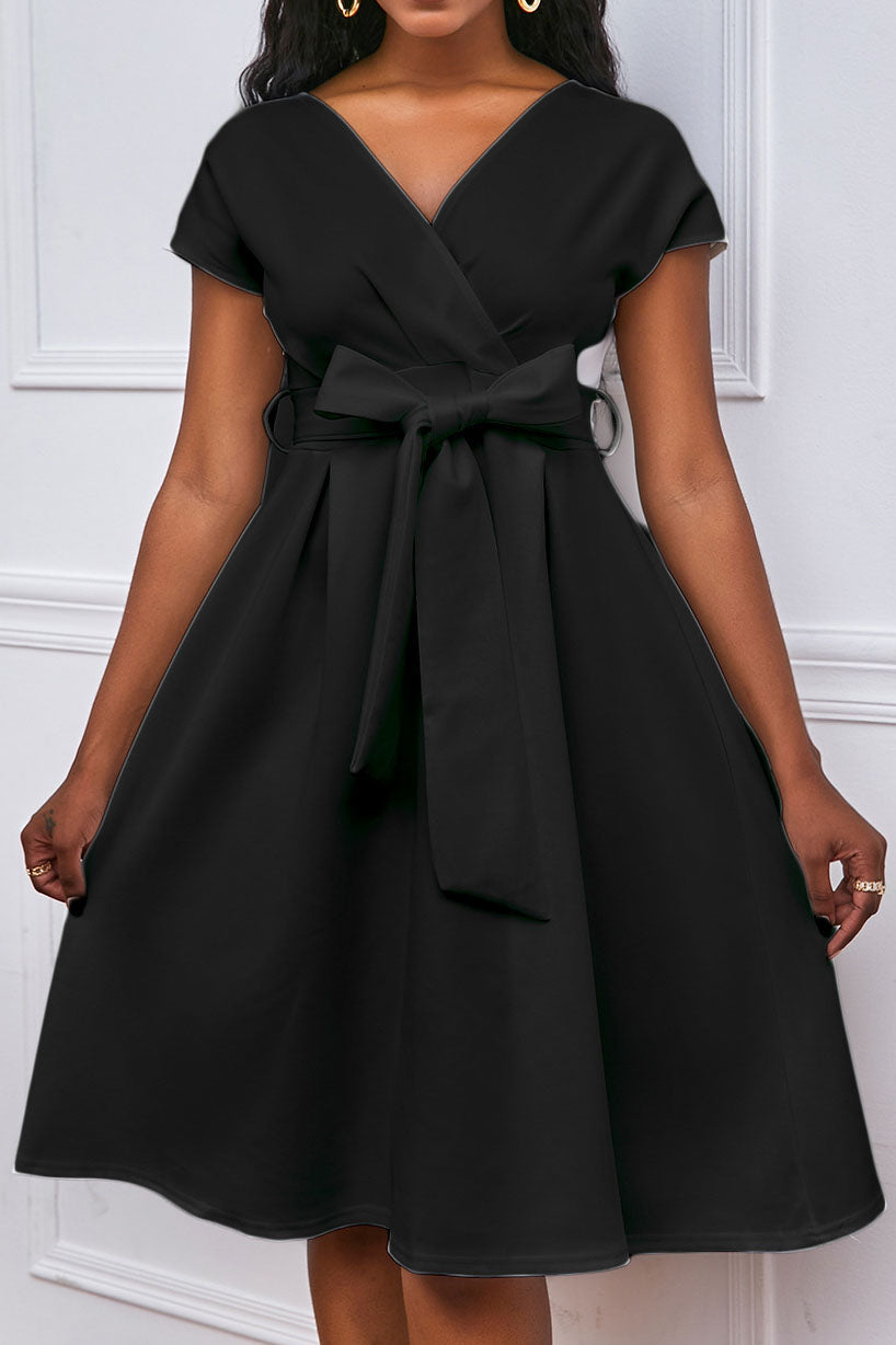 Solid Color Belted Bow Tie Waist Dress Lavish Daily