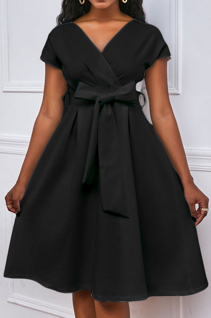 Solid Color Belted Bow Tie Waist Dress Lavish Daily