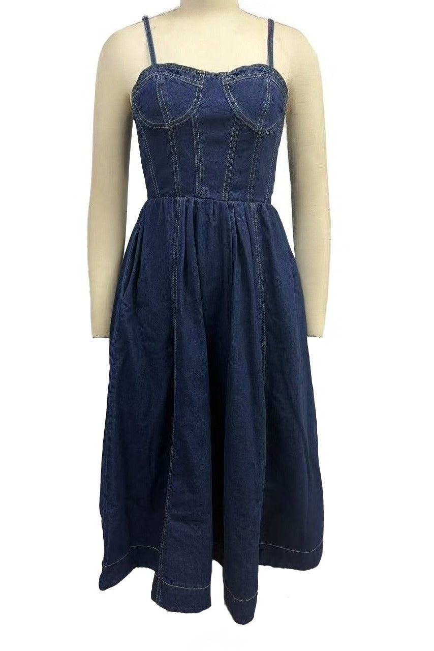 Dark Wash Corset Bodice Denim Midi Dress Lavish Daily