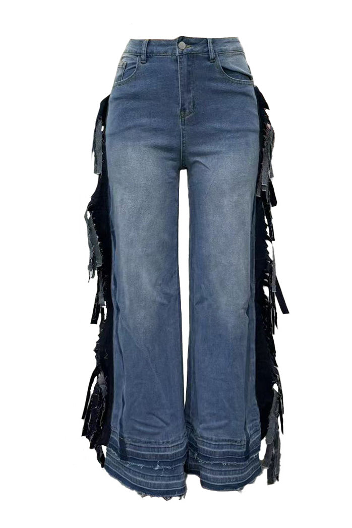 Side Fringe Wide Leg Raw Hem Jeans Lavish Daily