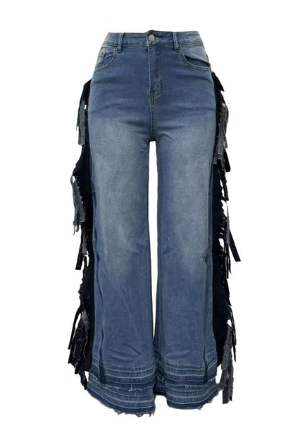 Side Fringe Wide Leg Raw Hem Jeans Lavish Daily