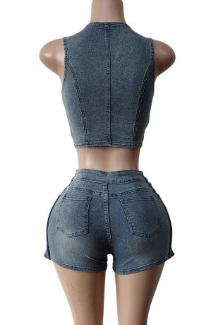 Stretch Denim Apron Shorts Set - Vest & Shorts Lavish Daily