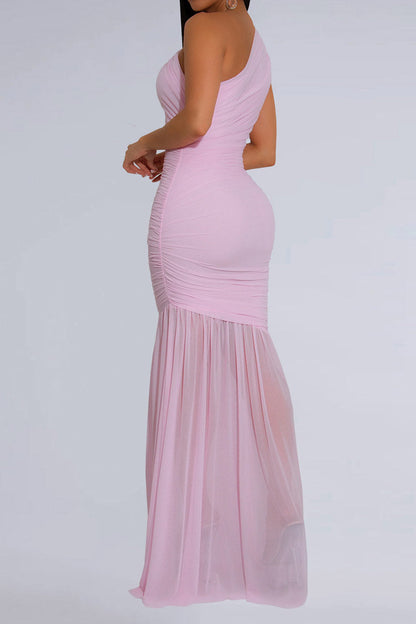 One-Shoulder Ruched Mesh Maxi Dress Lavish Daily