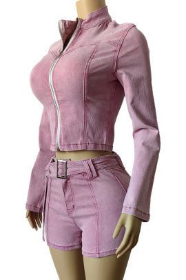 Washed Denim Zip Up Top & Shorts Set Lavish Daily