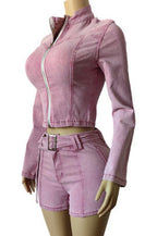 Washed Denim Zip Up Top & Shorts Set Lavish Daily