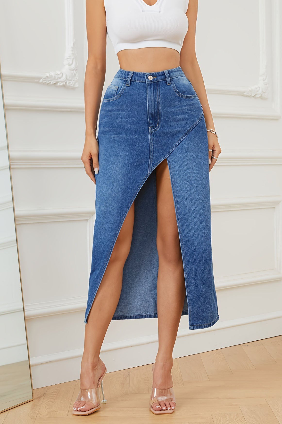 Denim Slit Maxi Skirt Lavish Daily