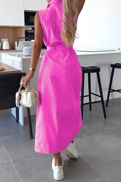 Sleeveless Belted Utility Maxi Shirt Dress Lavish Daily