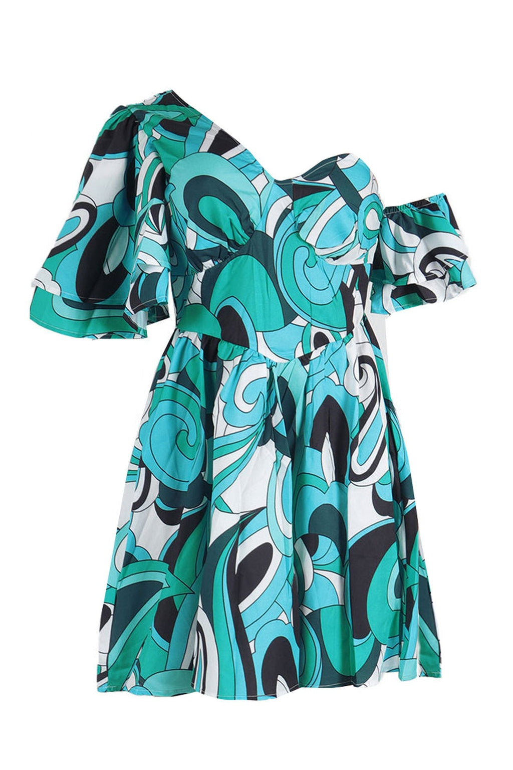 Asymmetrical Ruffle Sleeve Waist Slim Dress Lavish Daily