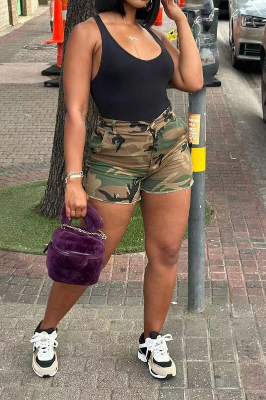 Camo High Waist Raw Hem Cutoff Shorts LavishDaily