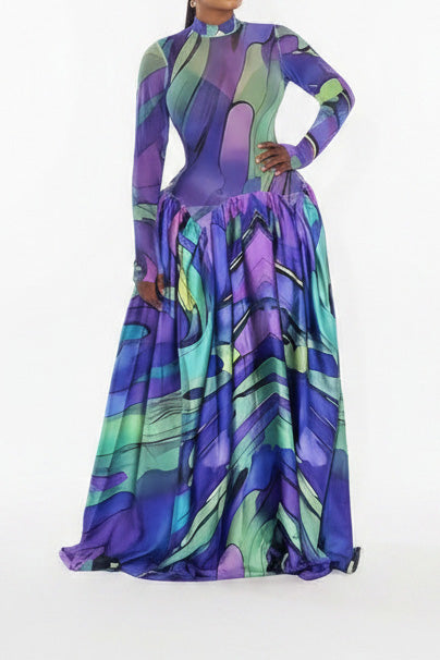 Mock Neck Mesh Floral Maxi Dress Lavish Daily