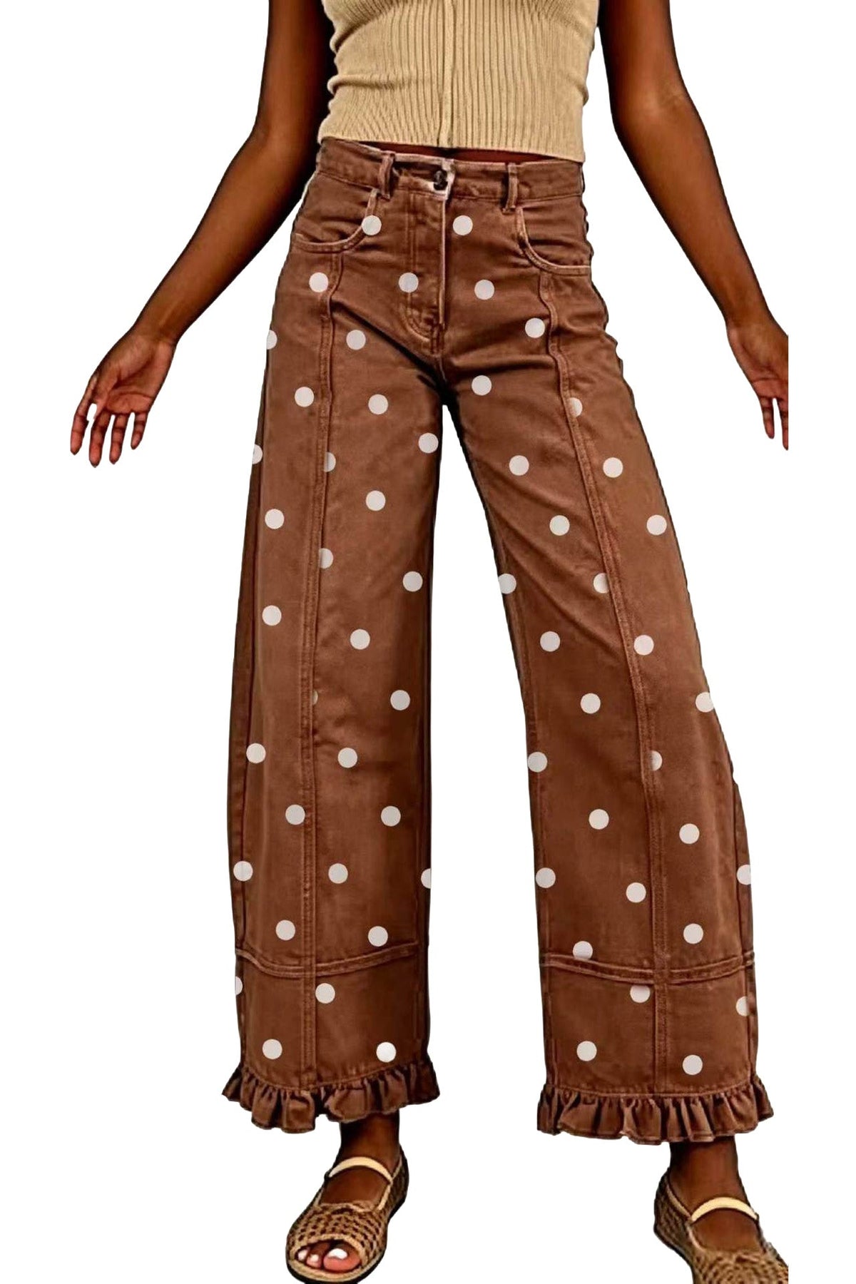 Polka Dot Wide Leg Jeans with Ruffle Hem Lavish Daily