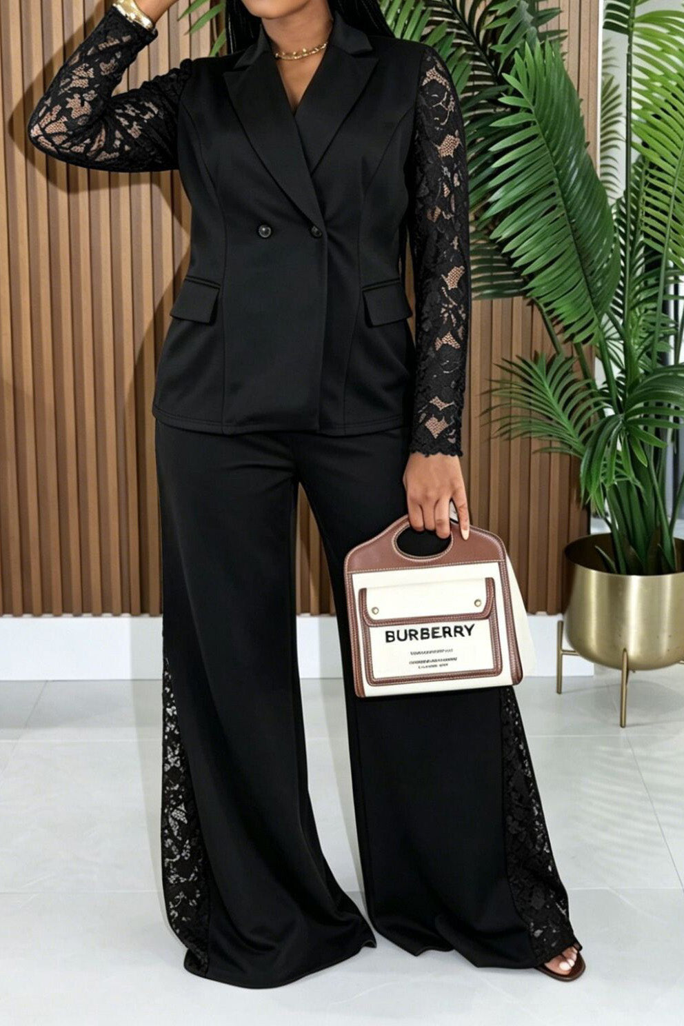 Lace Sleeve Blazer & Wide Leg Pant Set Lavish Daily