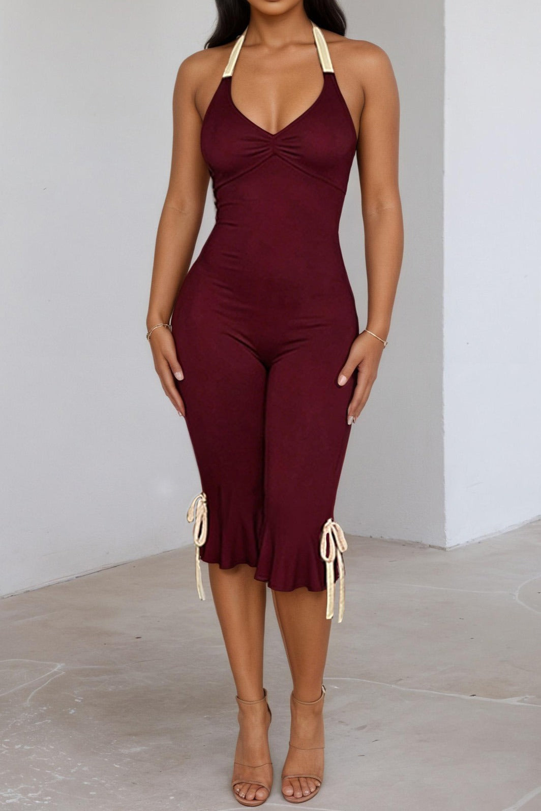 Contrast Halter Ruffle Hem Jumpsuit LavishDaily