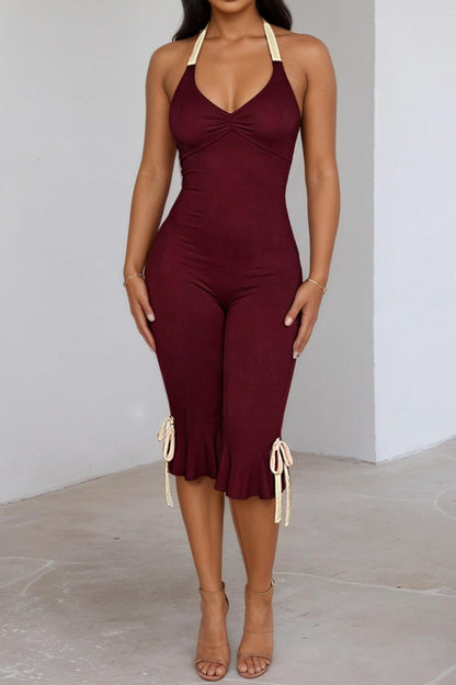 Contrast Halter Ruffle Hem Jumpsuit LavishDaily