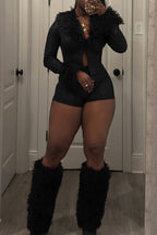 Snake Texture Faux Leather Long Sleeve Shorts Set Lavish Daily