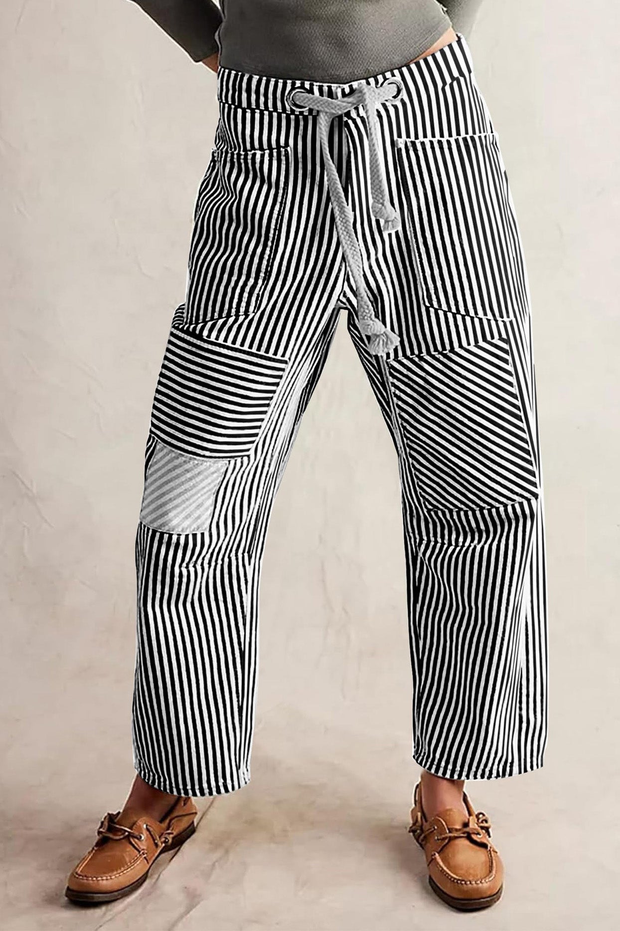 Loose Casual Striped Wide Leg Drawstring Trousers Lavish Daily
