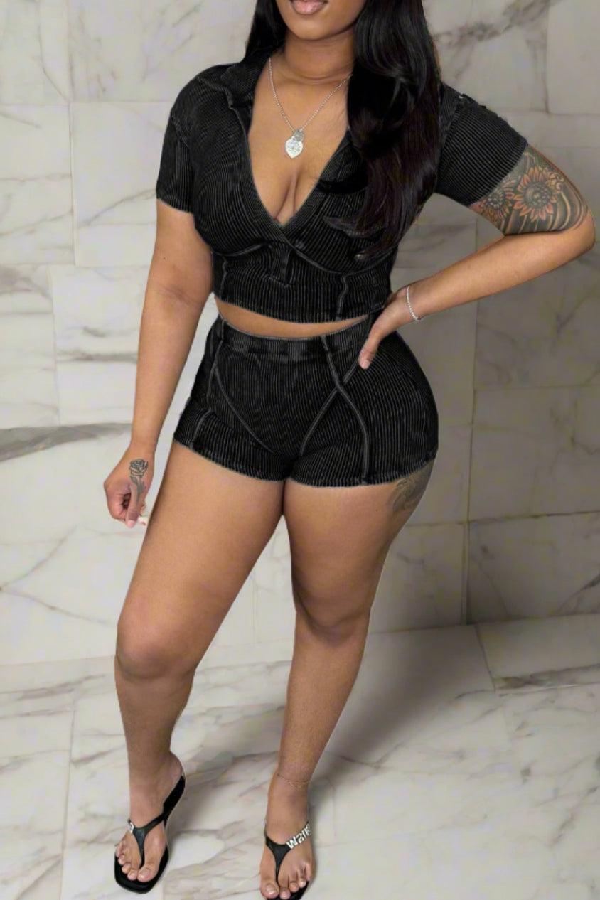 Ribbed V-Neck Short Sets Lavish Daily