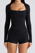 Square Neck Bow Long Sleeve Top & Shorts Set Lavish Daily