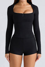 Square Neck Bow Long Sleeve Top & Shorts Set Lavish Daily