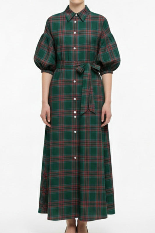 Ruffle Sleeve Plaid Button Maxi Shirt Dress Lavish Daily