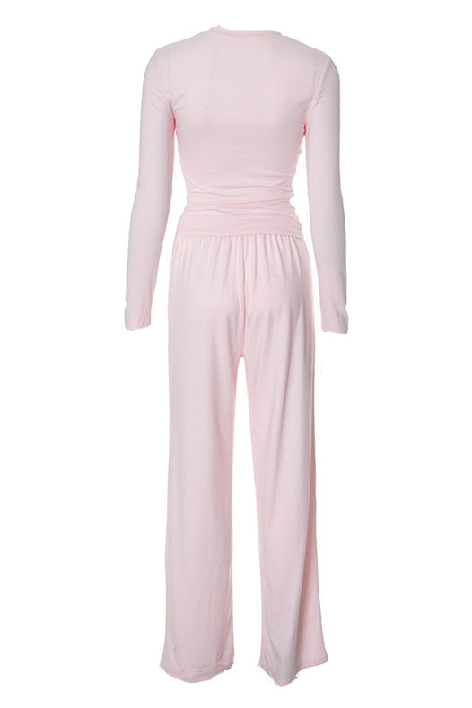 Solid Round-Neck Wide-Leg Lounge Set Lavish Daily