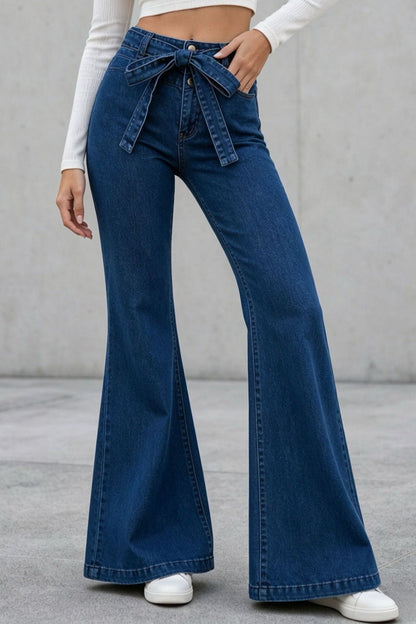 Medium Stretch High Rise Tie Belt Flare Jeans Lavish Daily