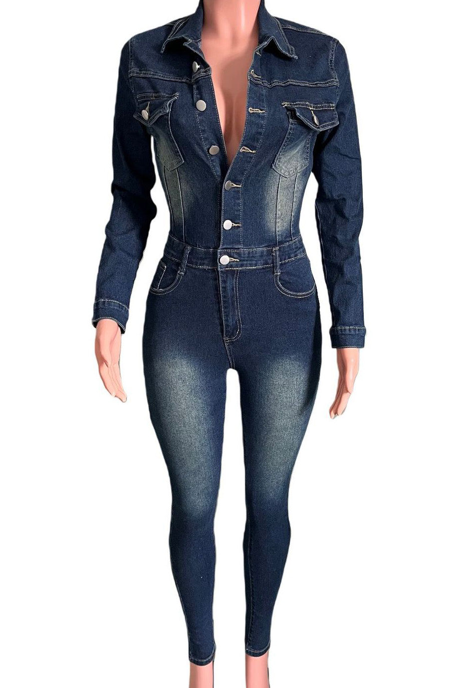 Stretch Denim Jumpsuit Long Sleeve Slim Fit Lavish Daily