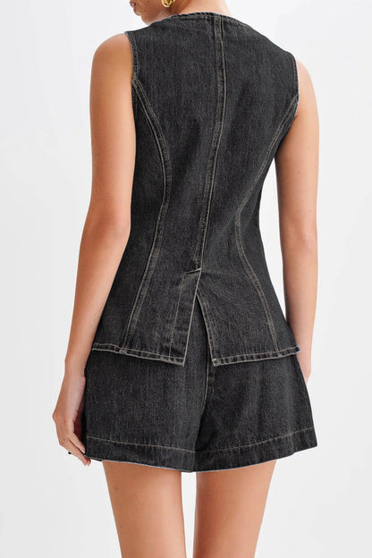 Denim Button-Up Vest & Shorts Set Lavish Daily