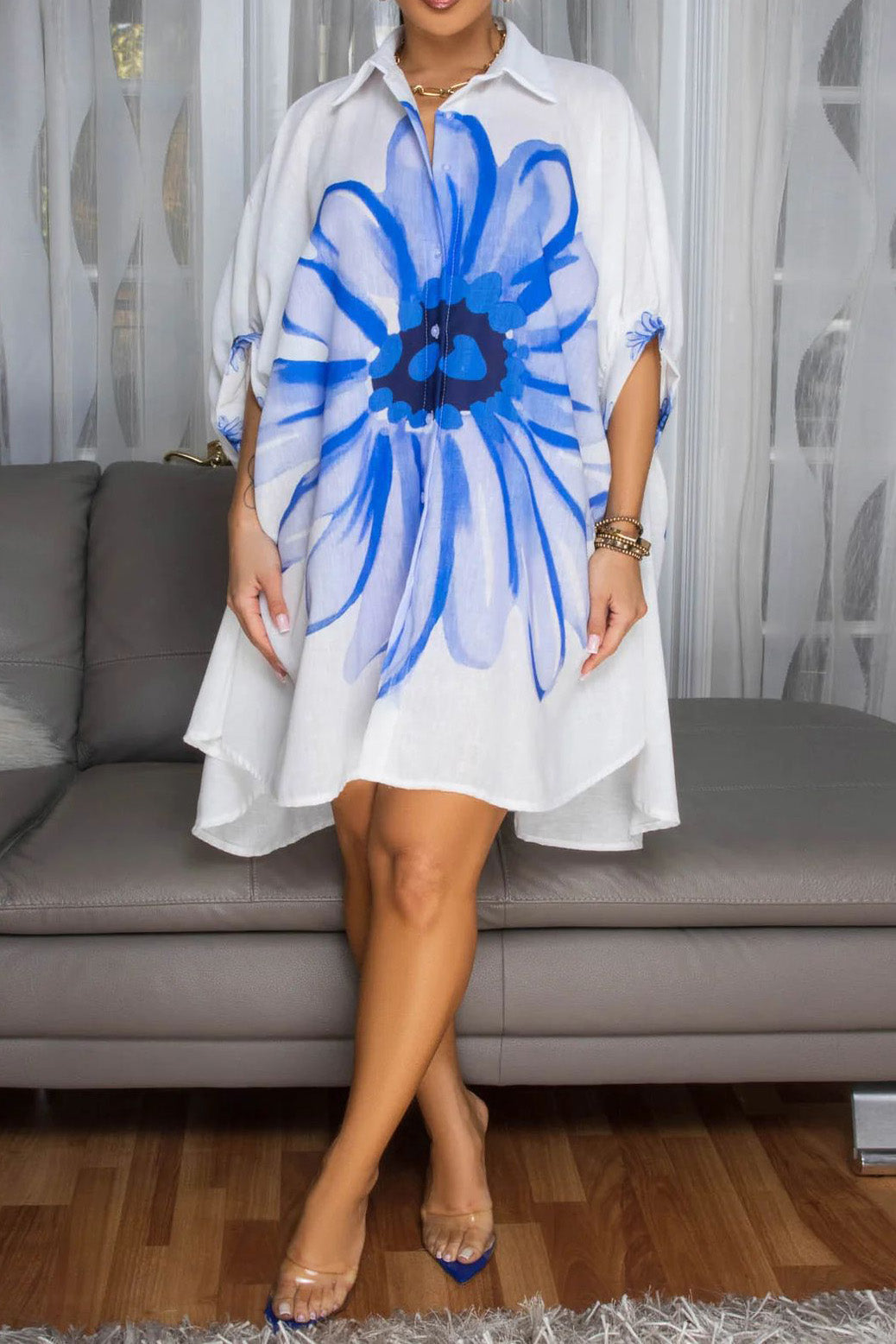 Sunflower Print Off-White Linen Shirt Dress Lavish Daily