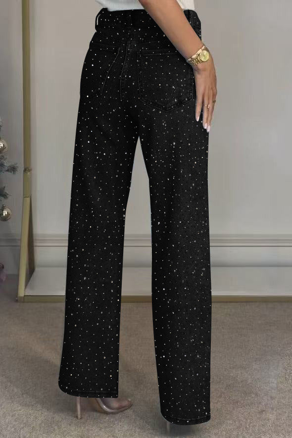 Wide-Leg High-Waist Rhinestone Jeans Lavish Daily