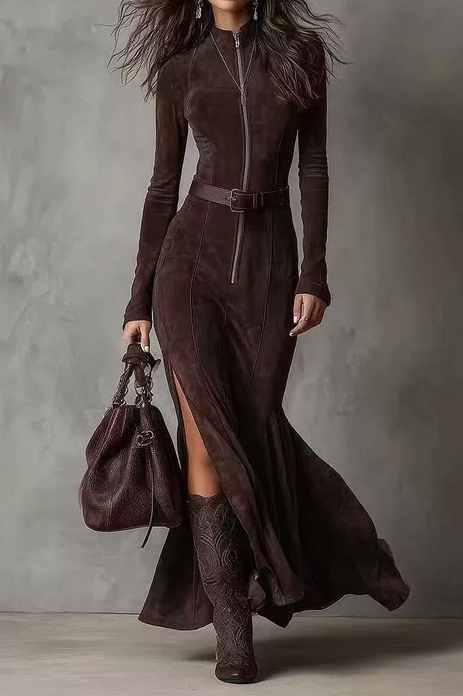 Long Sleeve Zipper Slim Fit Slit Maxi Dress Lavish Daily